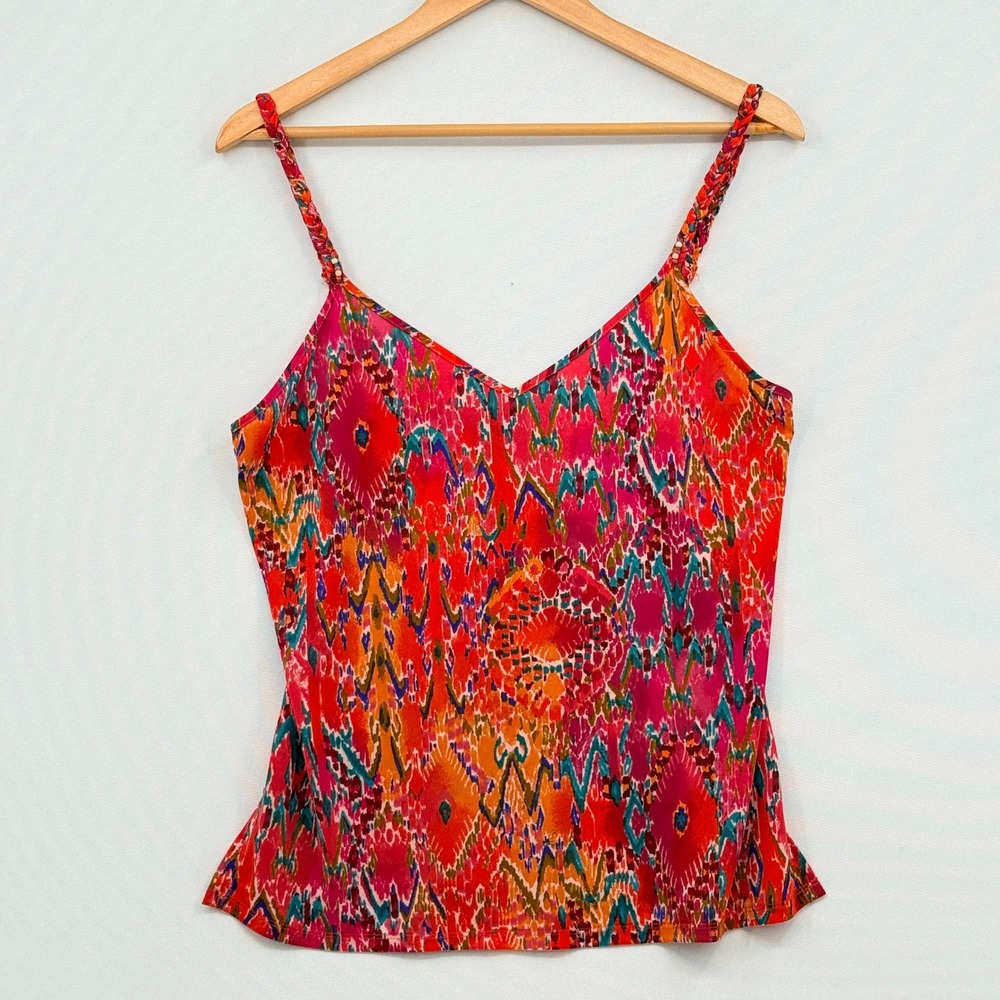 Natori Camisole Top Womens Medium Red Pink Ikat Print Braided Strap Boho Chic